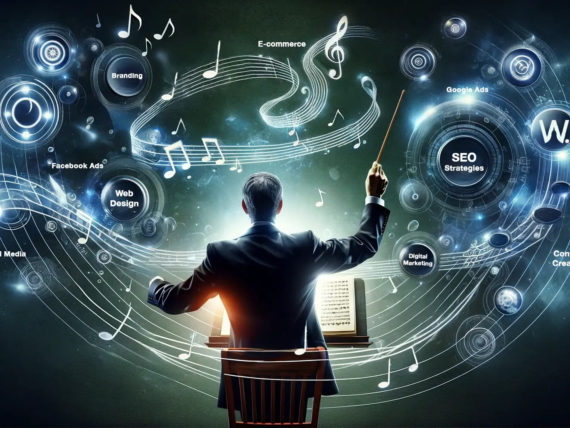 A conductor with a baton orchestrating a symphony of digital marketing elements like SEO, branding, and e-commerce.