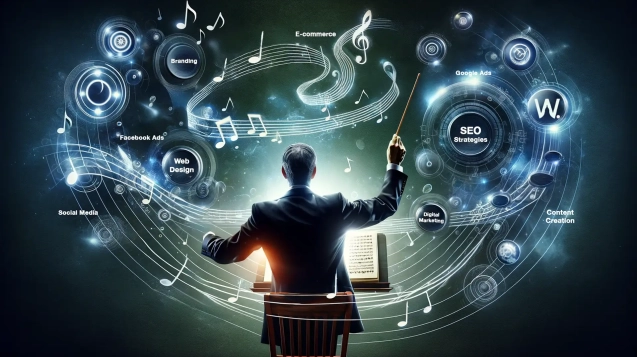 A conductor with a baton orchestrating a symphony of digital marketing elements like SEO, branding, and e-commerce.