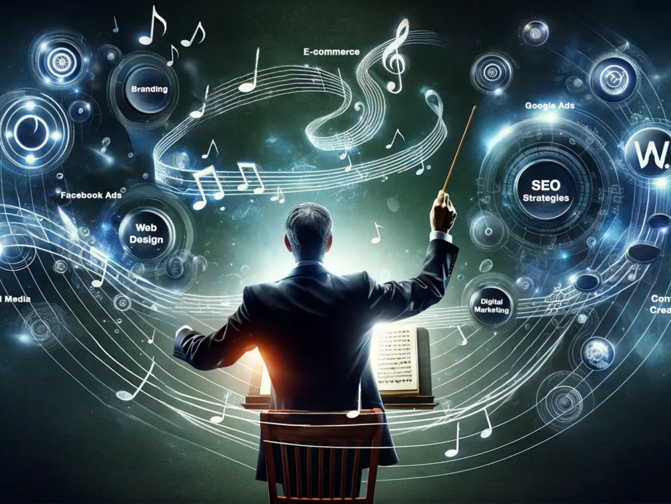 A conductor with a baton orchestrating a symphony of digital marketing elements like SEO, branding, and e-commerce.