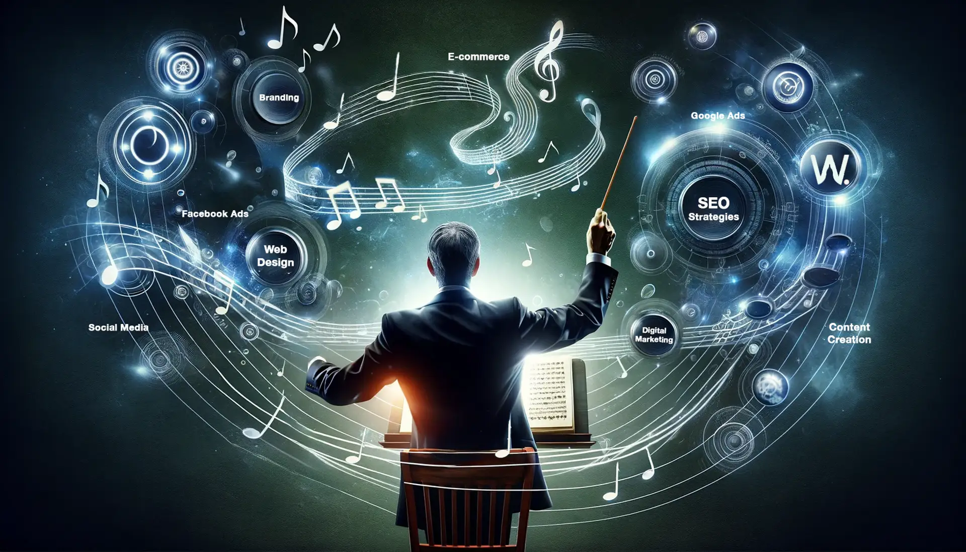 A conductor with a baton orchestrating a symphony of digital marketing elements like SEO, branding, and e-commerce.