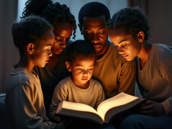 Una cálida escena familiar con padres e hijos reunidos cerca alrededor de un libro iluminado, cautivados por una historia compartida, que ilustra el poder del Storytelling en Branding.