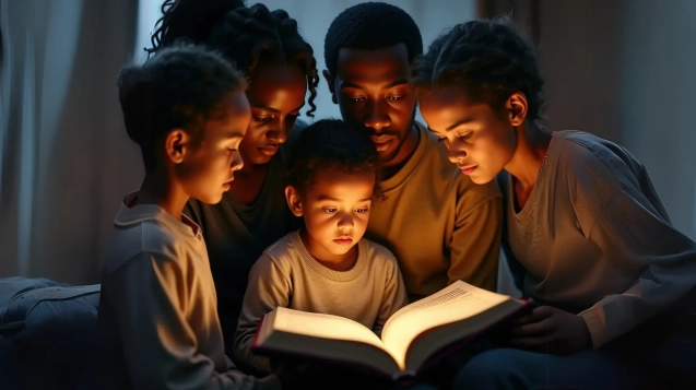 Una cálida escena familiar con padres e hijos reunidos cerca alrededor de un libro iluminado, cautivados por una historia compartida, que ilustra el poder del Storytelling en Branding.