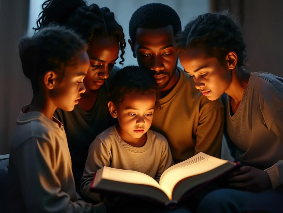 Una cálida escena familiar con padres e hijos reunidos cerca alrededor de un libro iluminado, cautivados por una historia compartida, que ilustra el poder del Storytelling en Branding.