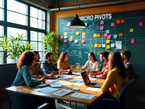 Equipo diverso haciendo una lluvia de ideas usando micro-pivots en marketing en torno a una mesa de conferencias moderna, con notas adhesivas, dispositivos digitales y una pared de pizarra cubierta de notas de estrategia.