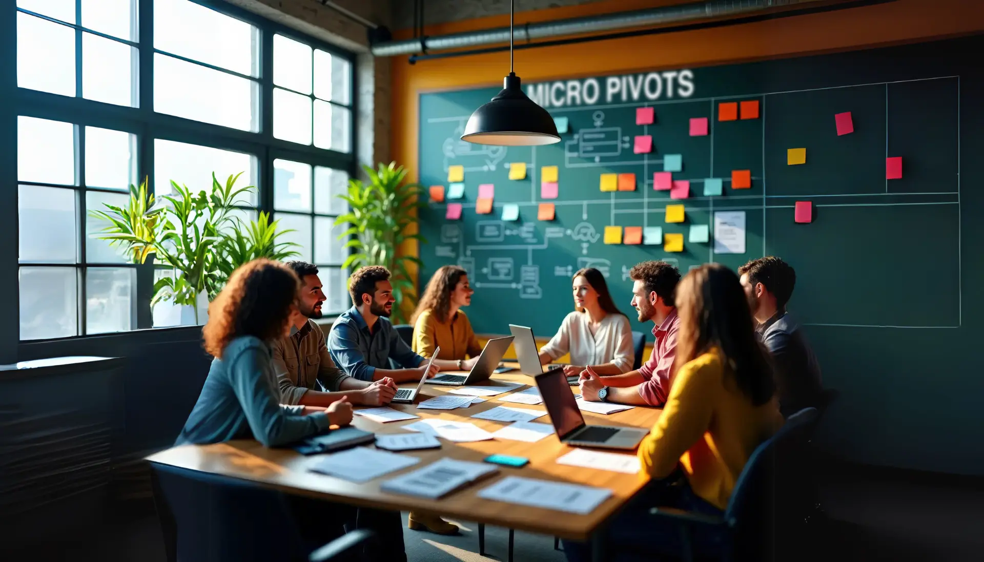 Diverse team brainstorming around a modern conference table, with sticky notes, digital devices, and a chalkboard wall covered in strategy notes.