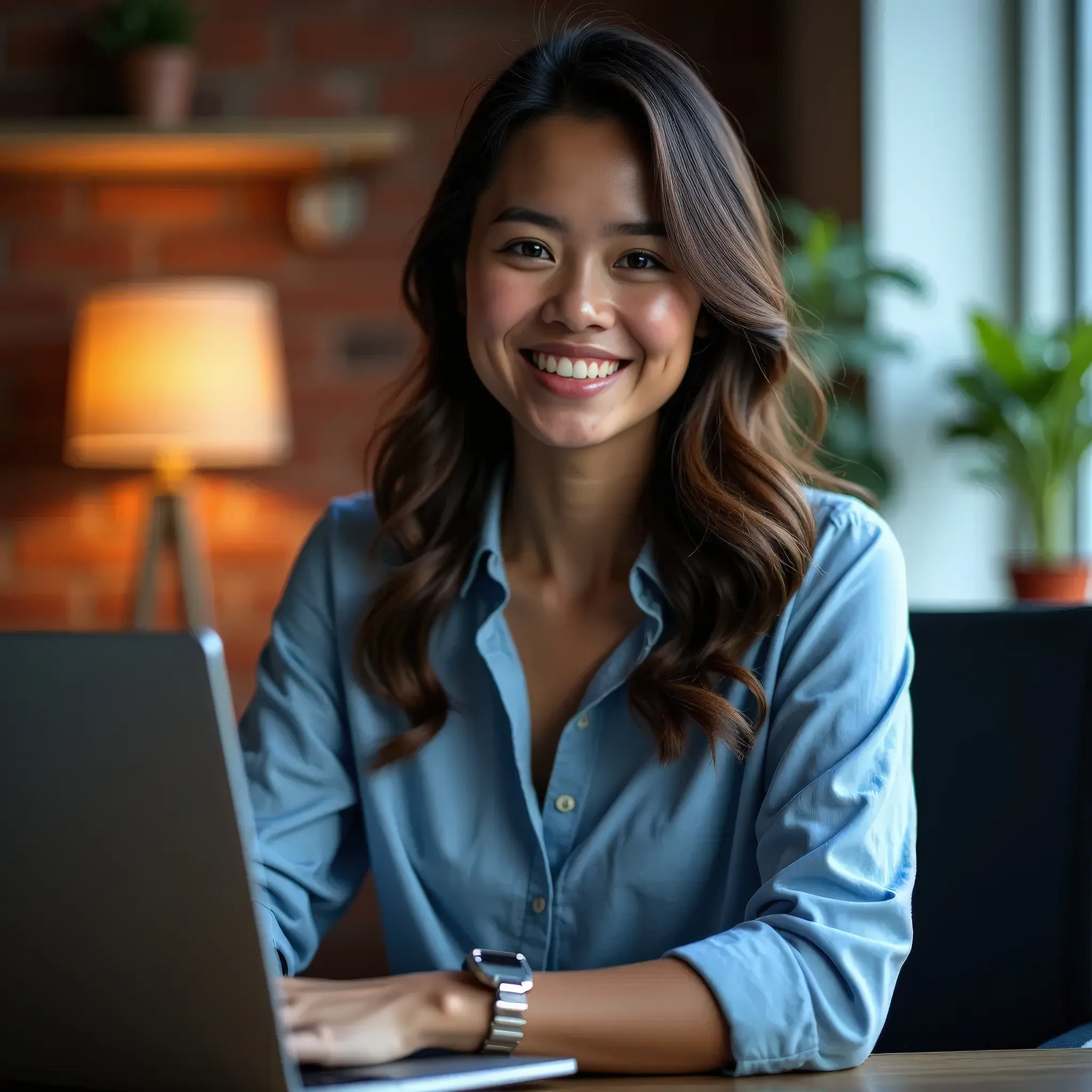 Friendly female marketing agency creative in her early 30s, smiling and working on a laptop in a warmly lit, creative office.
