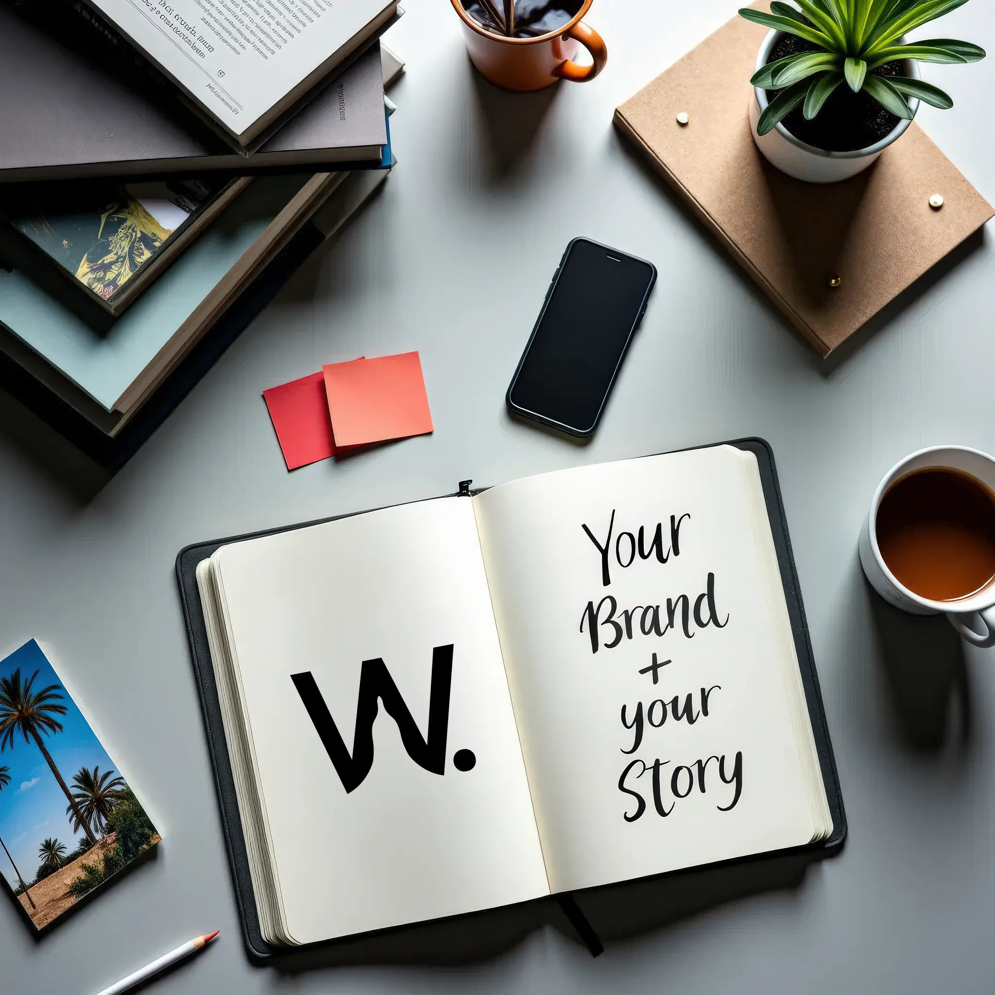 Open notebook on a creative desk with the phrase ‘Your Brand + Your Story’ written, surrounded by books, coffee, and a phone, symbolizing content creation mastery.