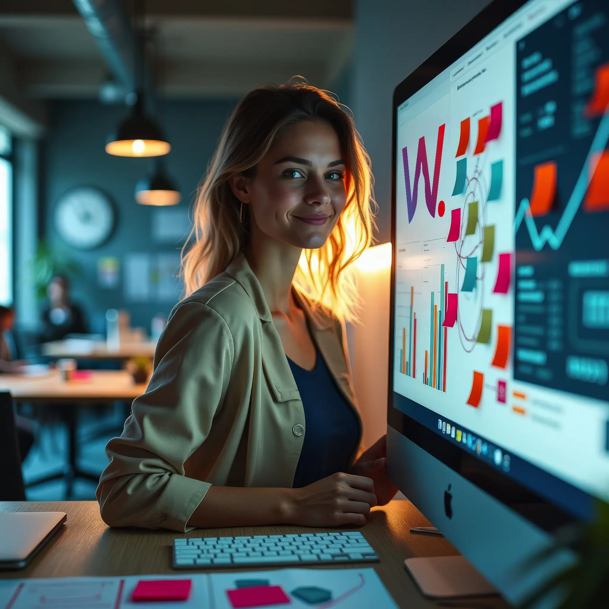 Female content strategist in her late 20s brainstorming in a modern marketing agency.