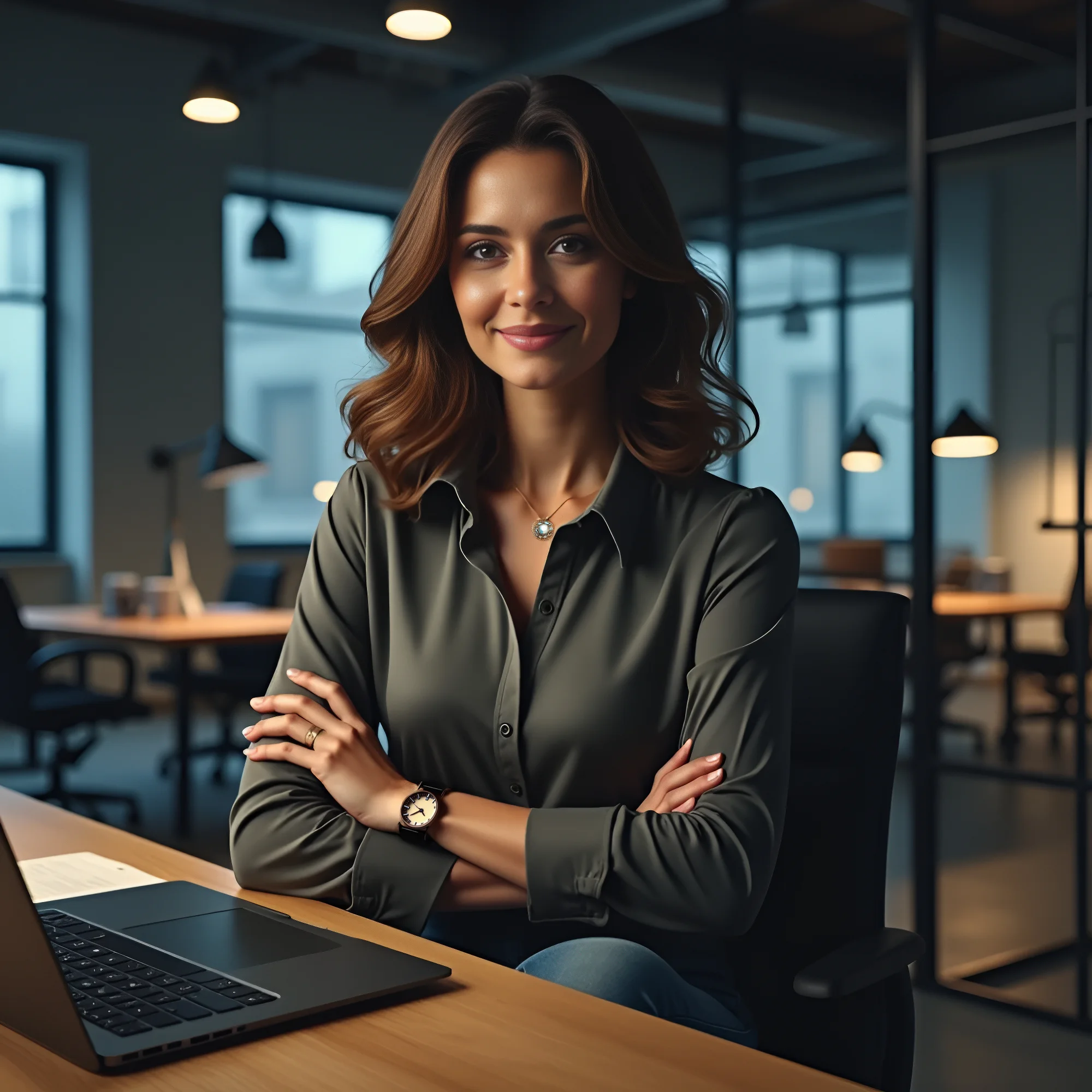 A confident female marketing strategist sitting at her desk in a modern, softly lit office.