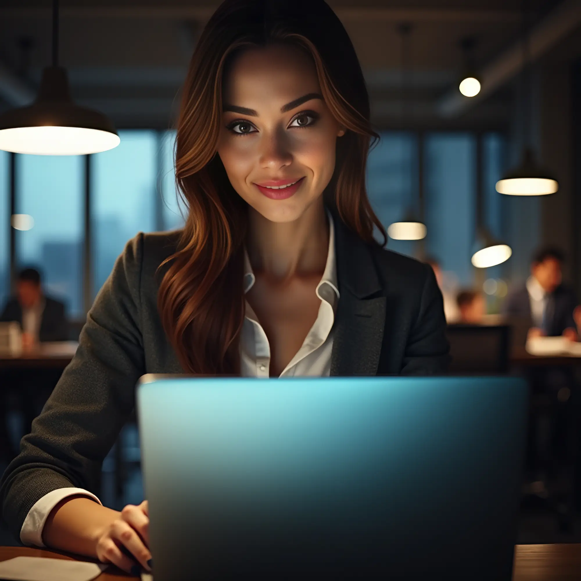A focused female marketing professional working on a laptop in a modern office.