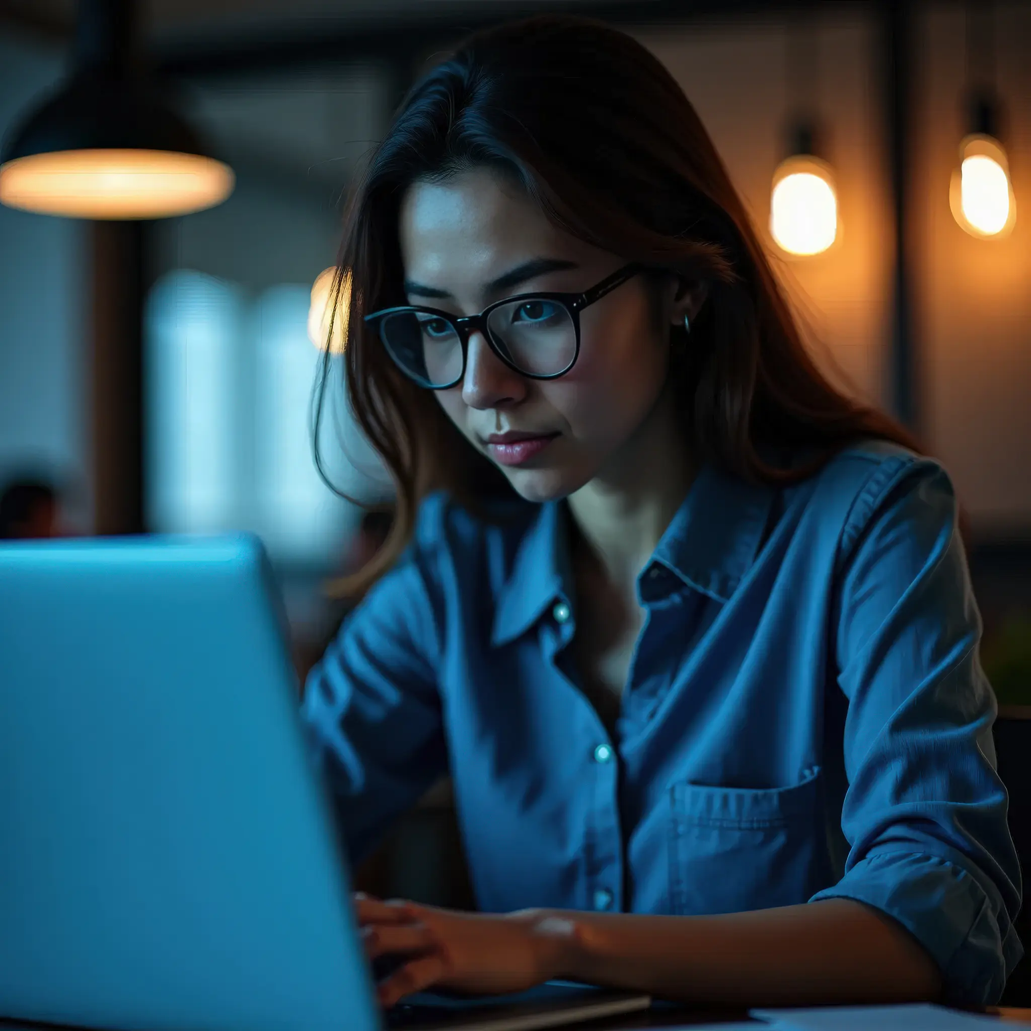 Female web developer in her mid-20s, focused on coding in a modern office.