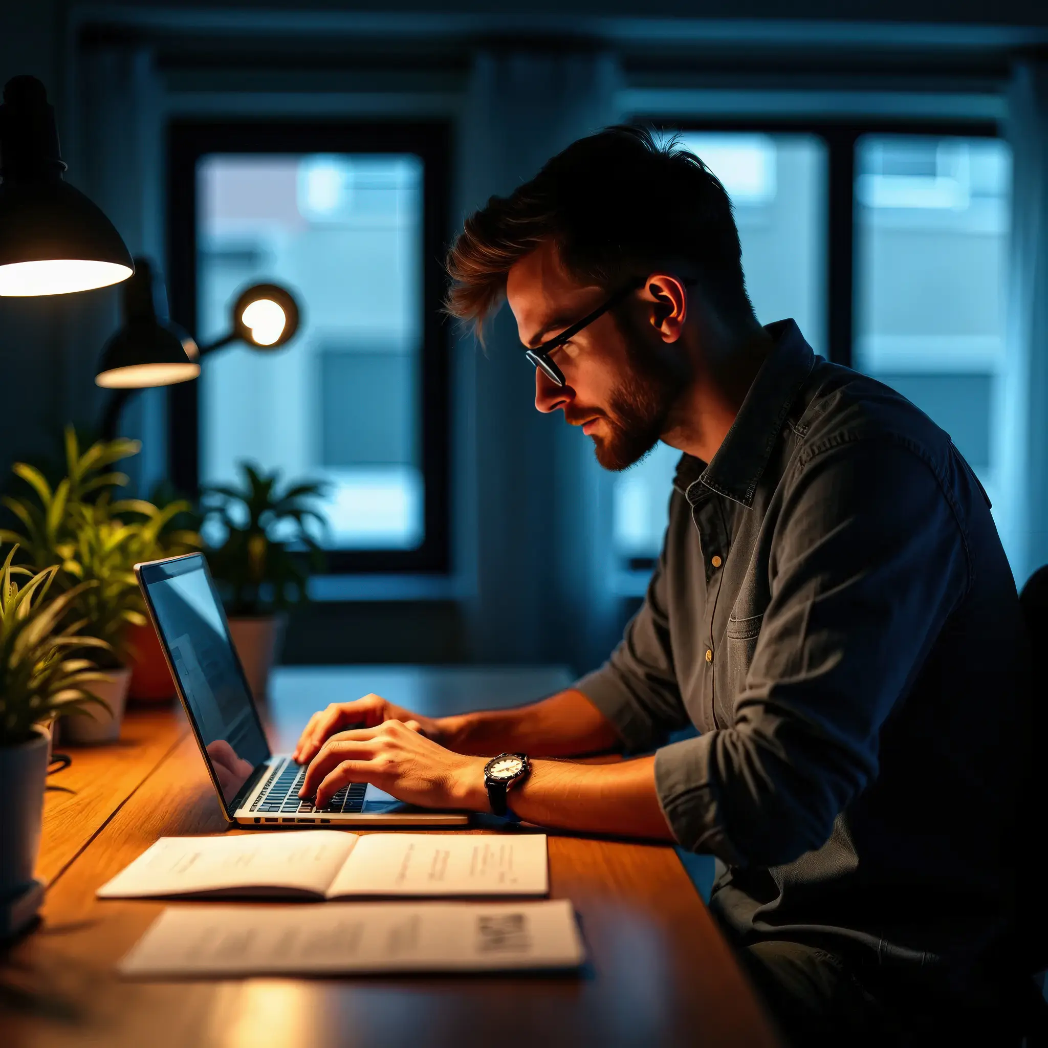 Focused male copywriter in late 20s, working intently at a modern office desk with documents and laptop.